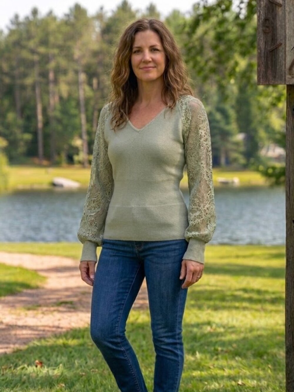 MEROKEETY Sage Green Lace Sleeve Ribbed Knit Sweater S